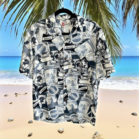 Hilo Hattie Men's Vintage Hawaiian Blue Postcard Scenic Aloha Shirt Size S - Picture 1 of 11